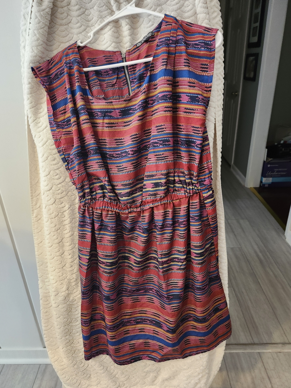 BoHo Woven Stripe Sleeveless Waist-Defined Dress in Coral Blue
